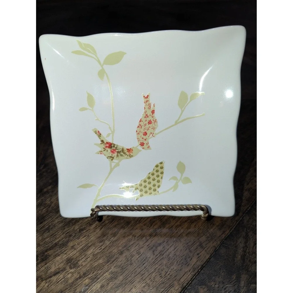 222 Fifth Chintz Birds Square Appetizer Plates Set of 4 White Floral Birds 5.5in